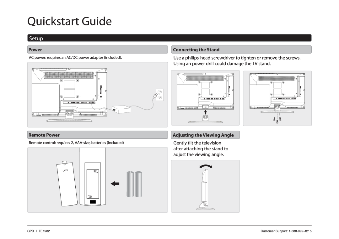 GPX TE1982 quick start Quickstart Guide, Setup, Remote Power, Connecting the Stand, Adjusting the Viewing Angle 