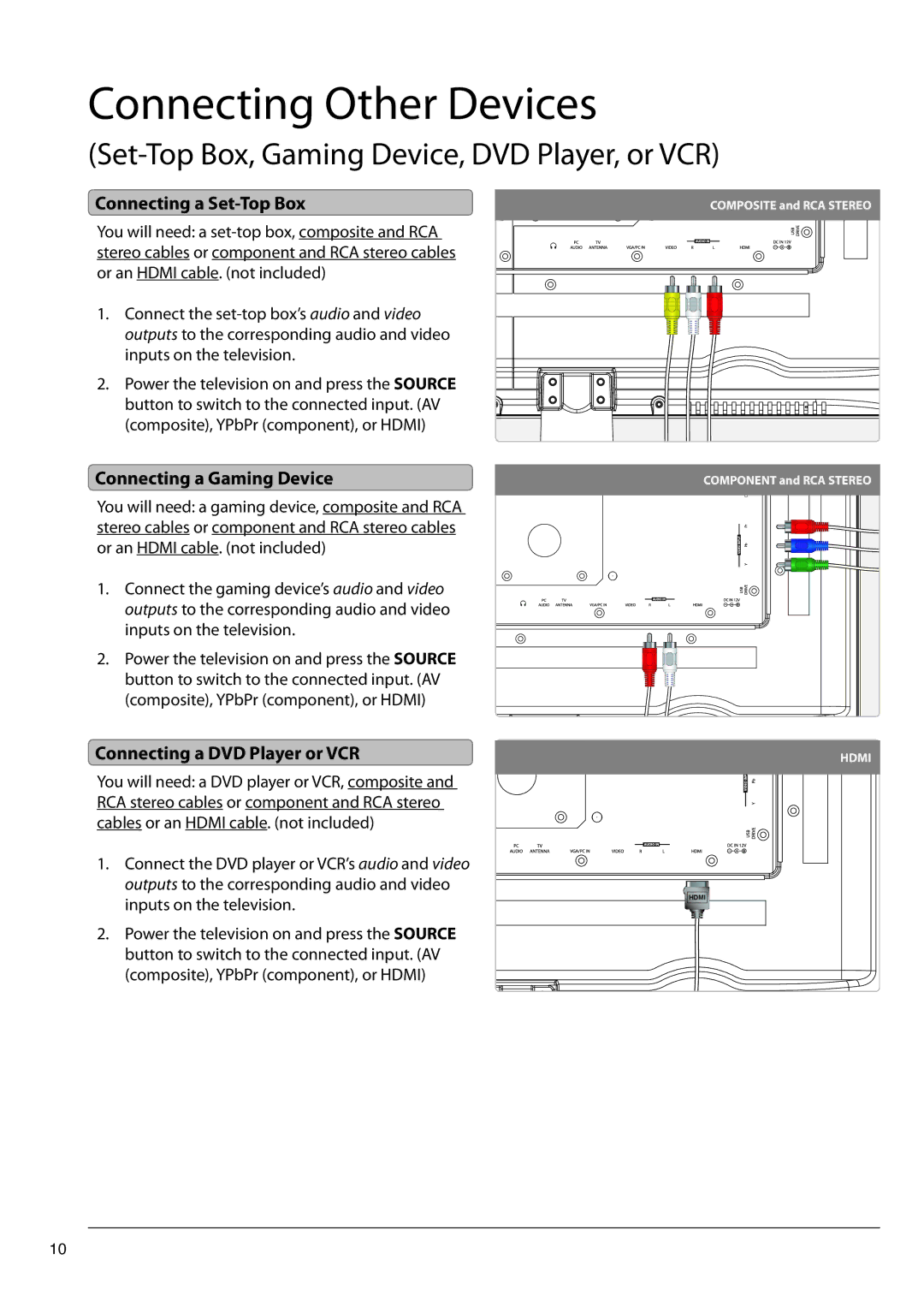 GPX TE2280B manual Connecting Other Devices, Connecting a Gaming Device, Connecting a DVD Player or VCR 