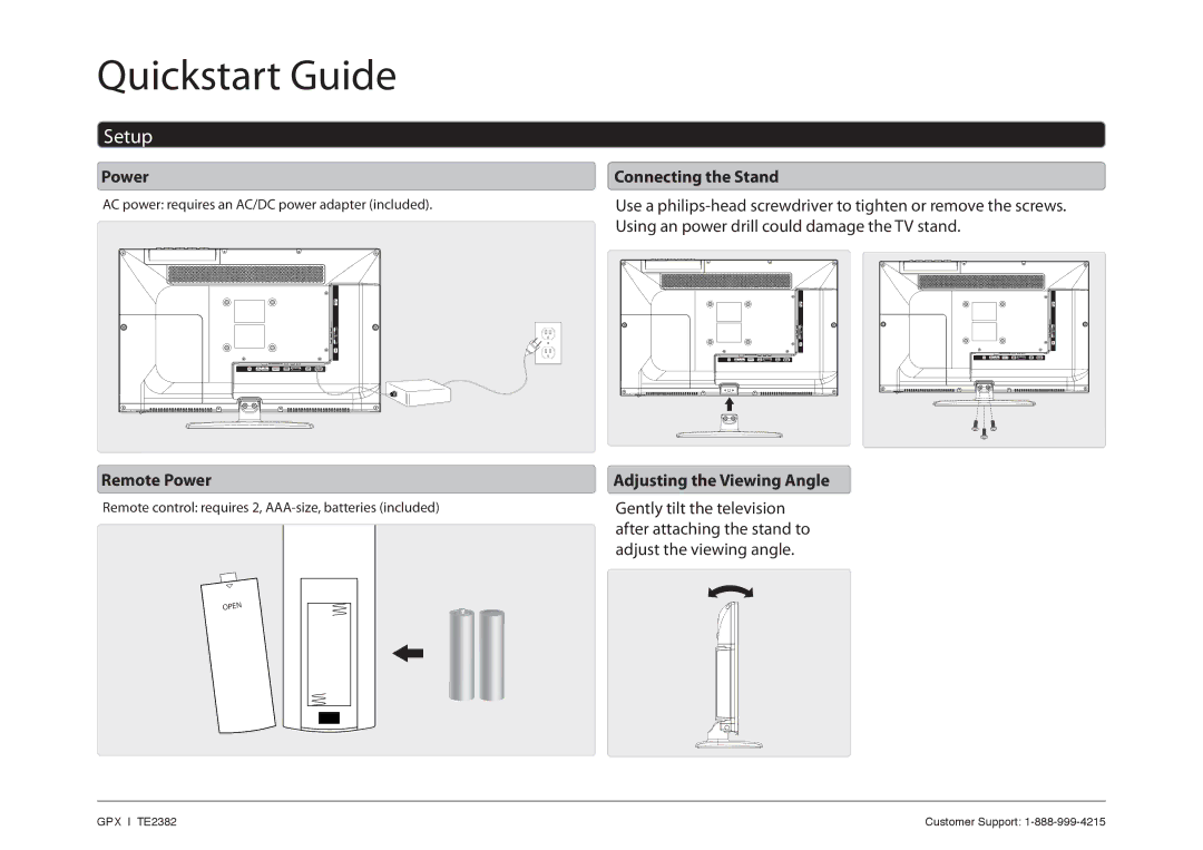 GPX TE2382 quick start Setup, Connecting the Stand, Remote Power 