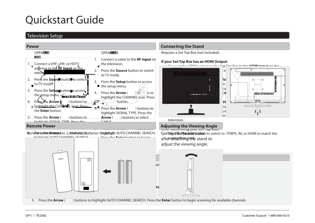 GPX TE2382 quick start Television Setup 