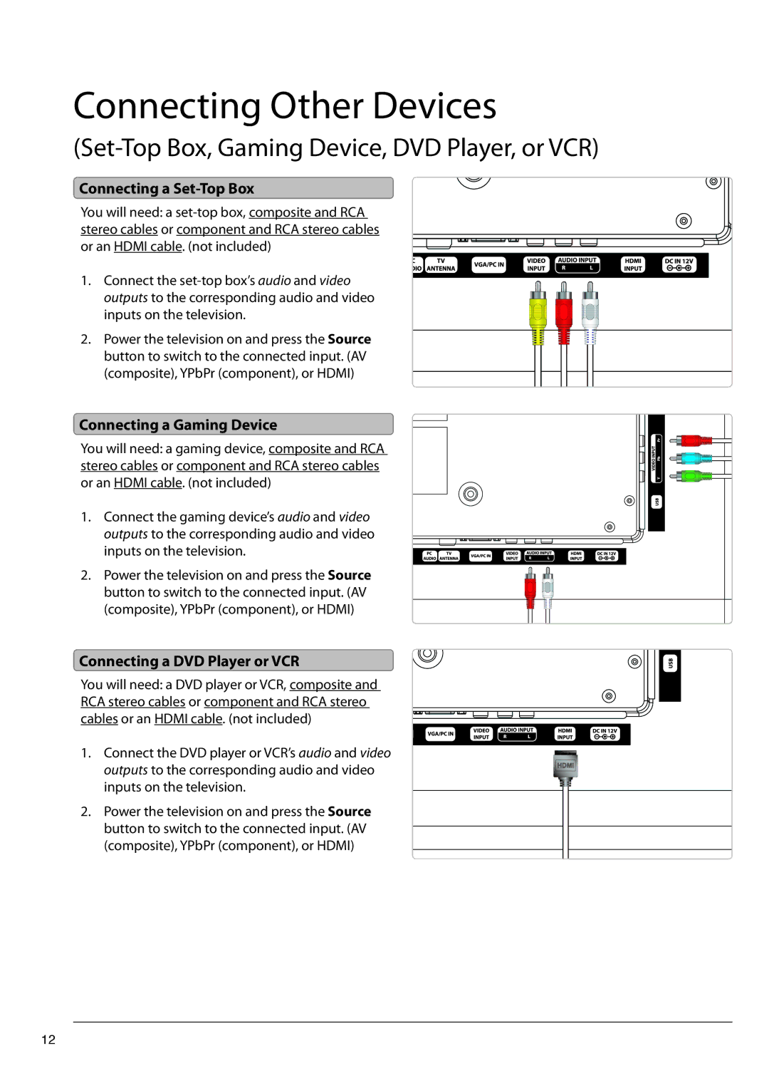 GPX TE2382B manual Connecting Other Devices, Connecting a Gaming Device, Connecting a DVD Player or VCR 