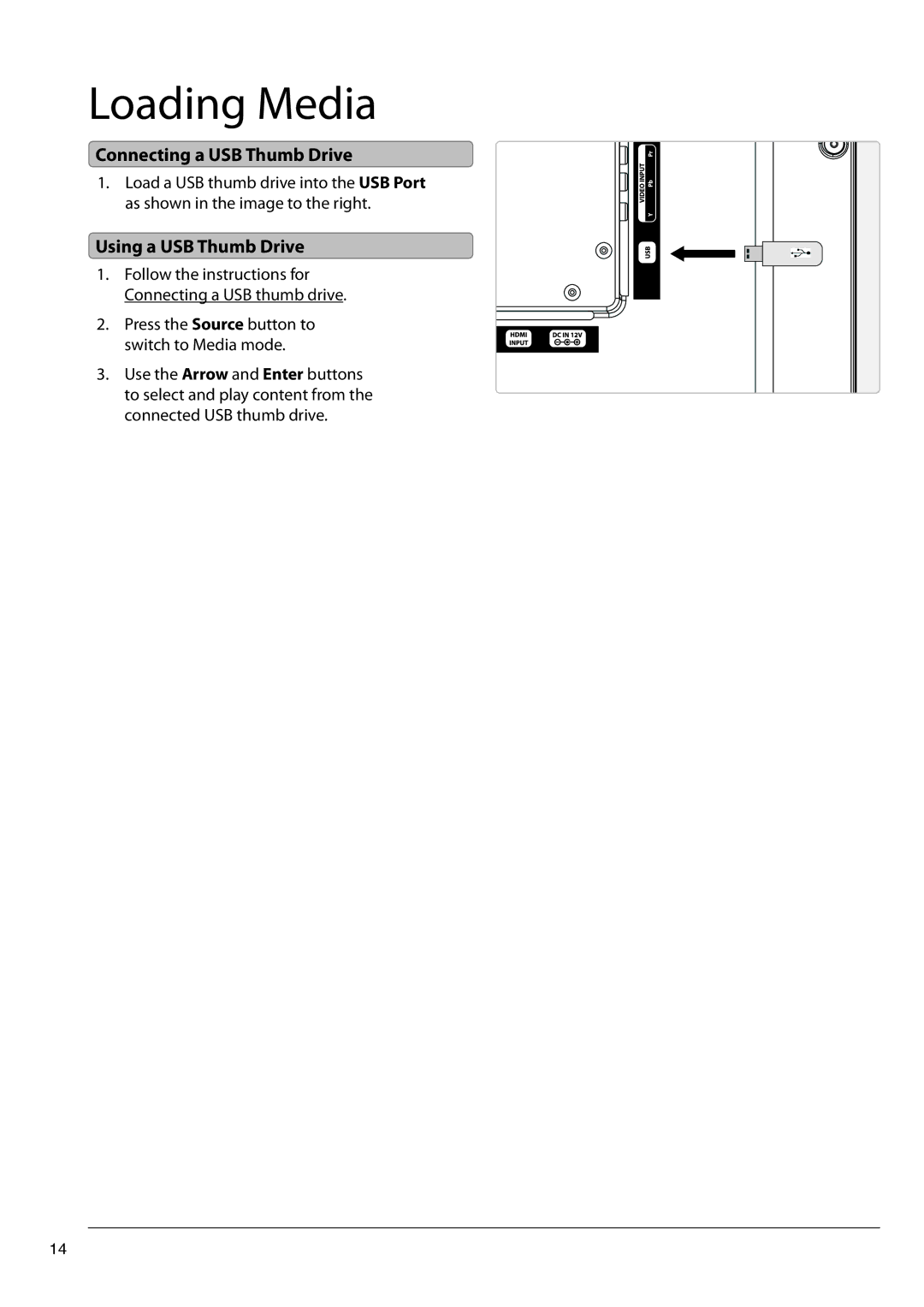 GPX TE2382B manual Loading Media, Connecting a USB Thumb Drive, Using a USB Thumb Drive 