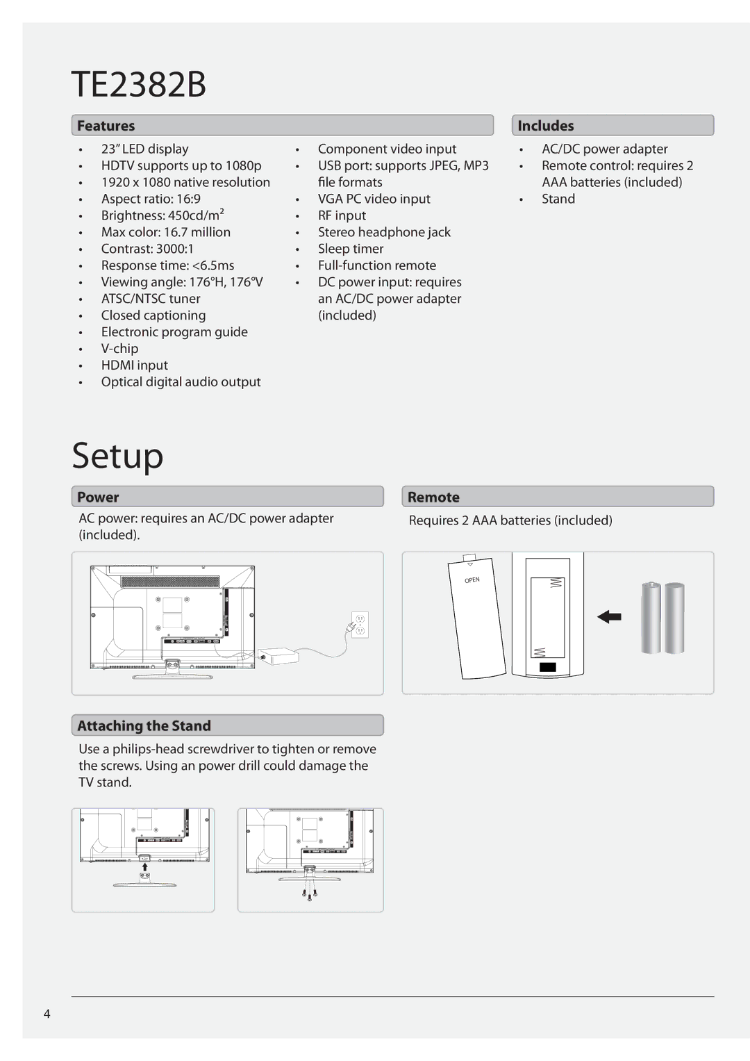 GPX TE2382B manual Setup 