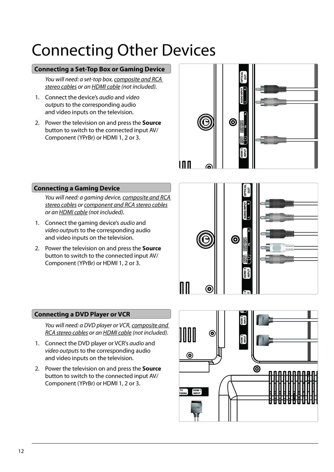 GPX TE3213B manual Connecting Other Devices, Connecting a Set-Top Box or Gaming Device, Connecting a Gaming Device 