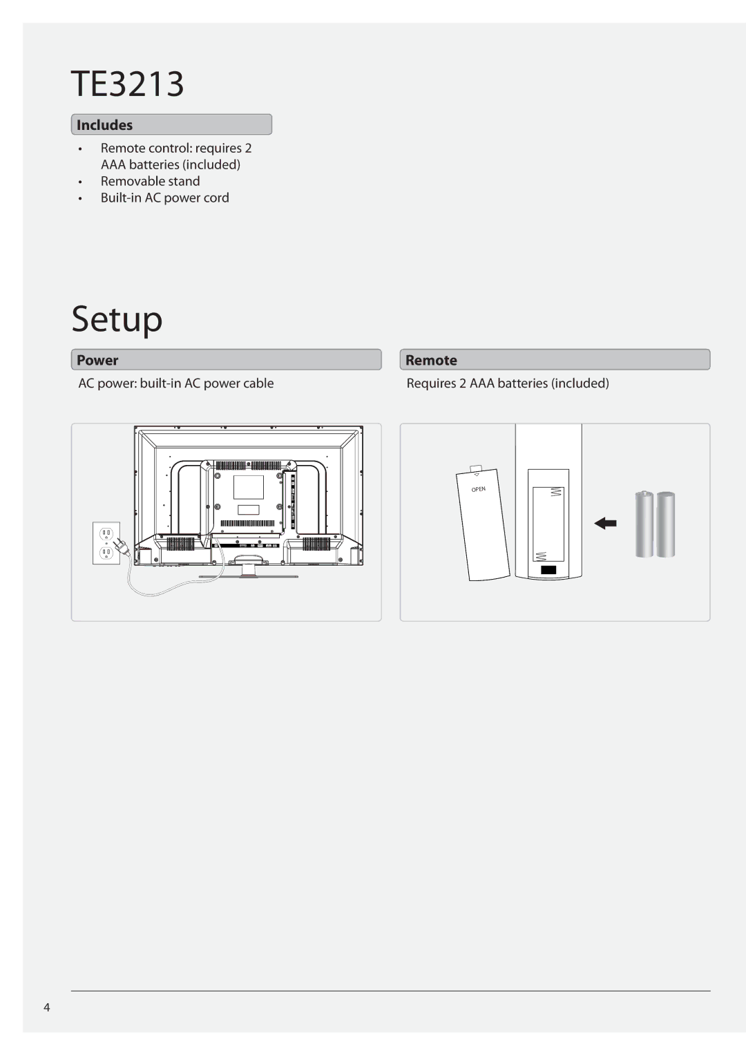 GPX TE3213B manual Setup, Includes, Power Remote 