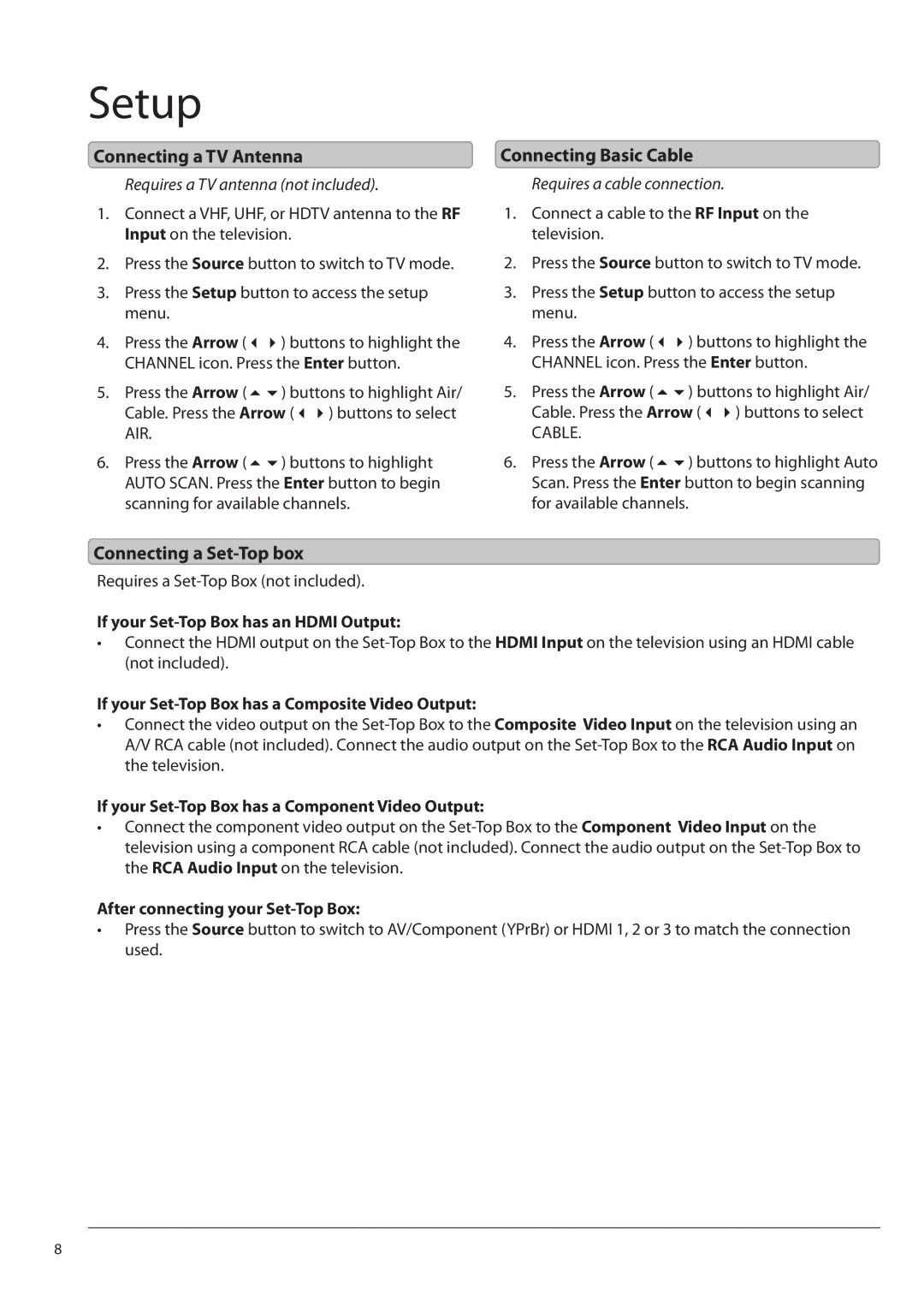 GPX TE3213B manual Connecting a TV Antenna, Connecting Basic Cable, Connecting a Set-Top box 