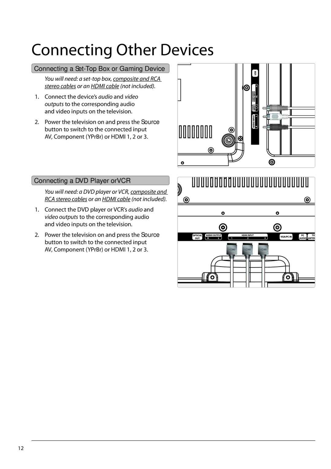 GPX TE3913B manual Connecting Other Devices, Connecting a Set-Top Box or Gaming Device, Connecting a DVD Player or VCR 