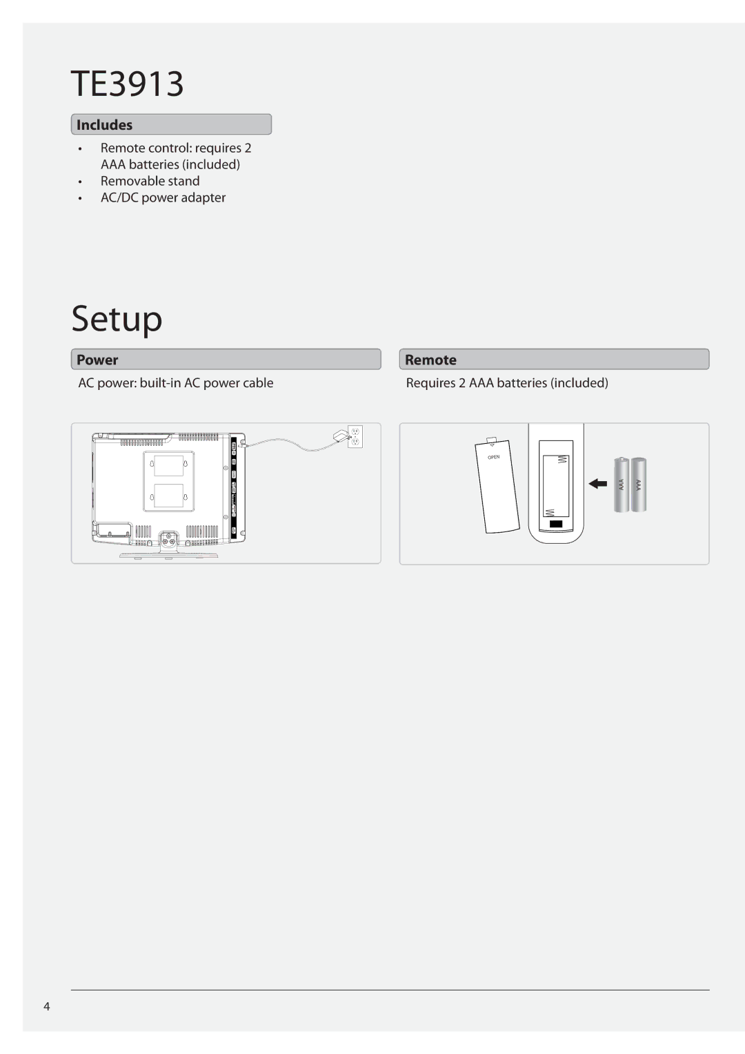 GPX TE3913B manual Setup, Includes, Power Remote 