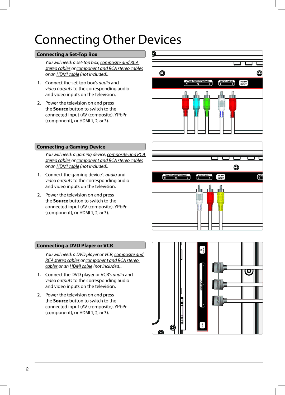 GPX TE4782B manual Connecting Other Devices, Connecting a Gaming Device, Connecting a DVD Player or VCR 