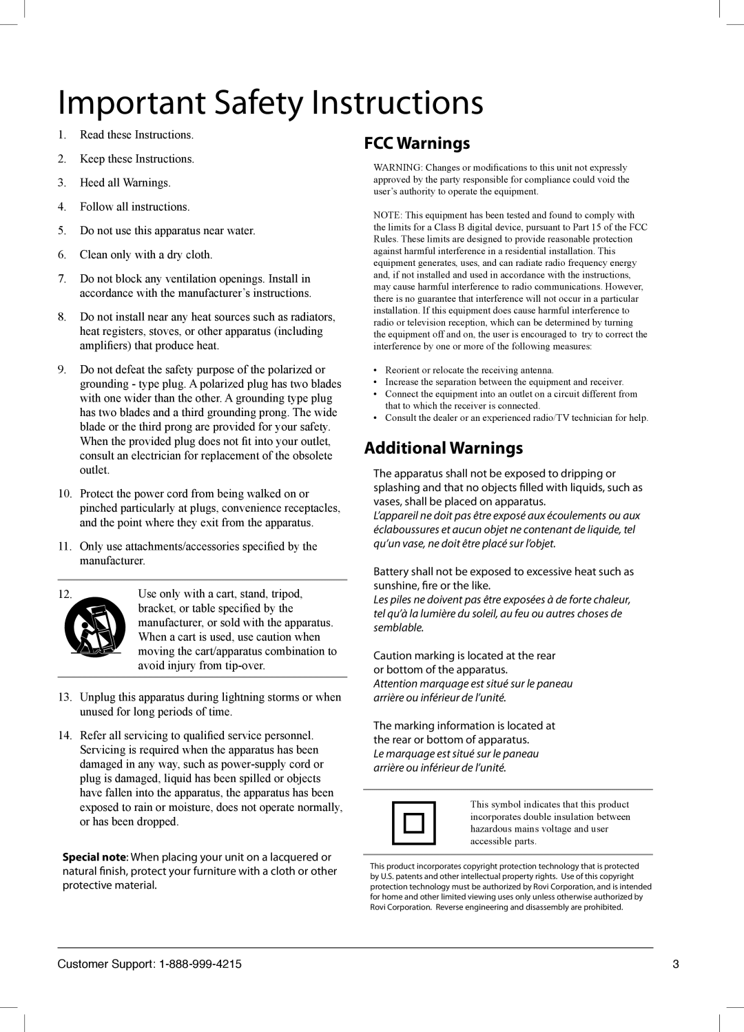 GPX TE4782B manual Important Safety Instructions, FCC Warnings 