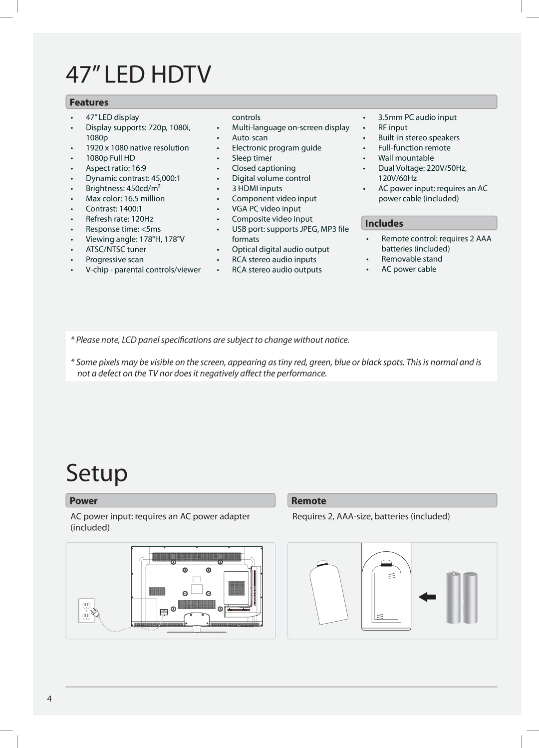 GPX TE4782B manual Setup, Features, Includes, Power, Remote 