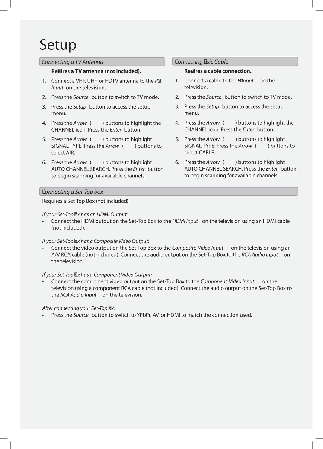 GPX TE4782B manual Connecting a TV Antenna, Connecting Basic Cable, Connecting a Set-Top box 