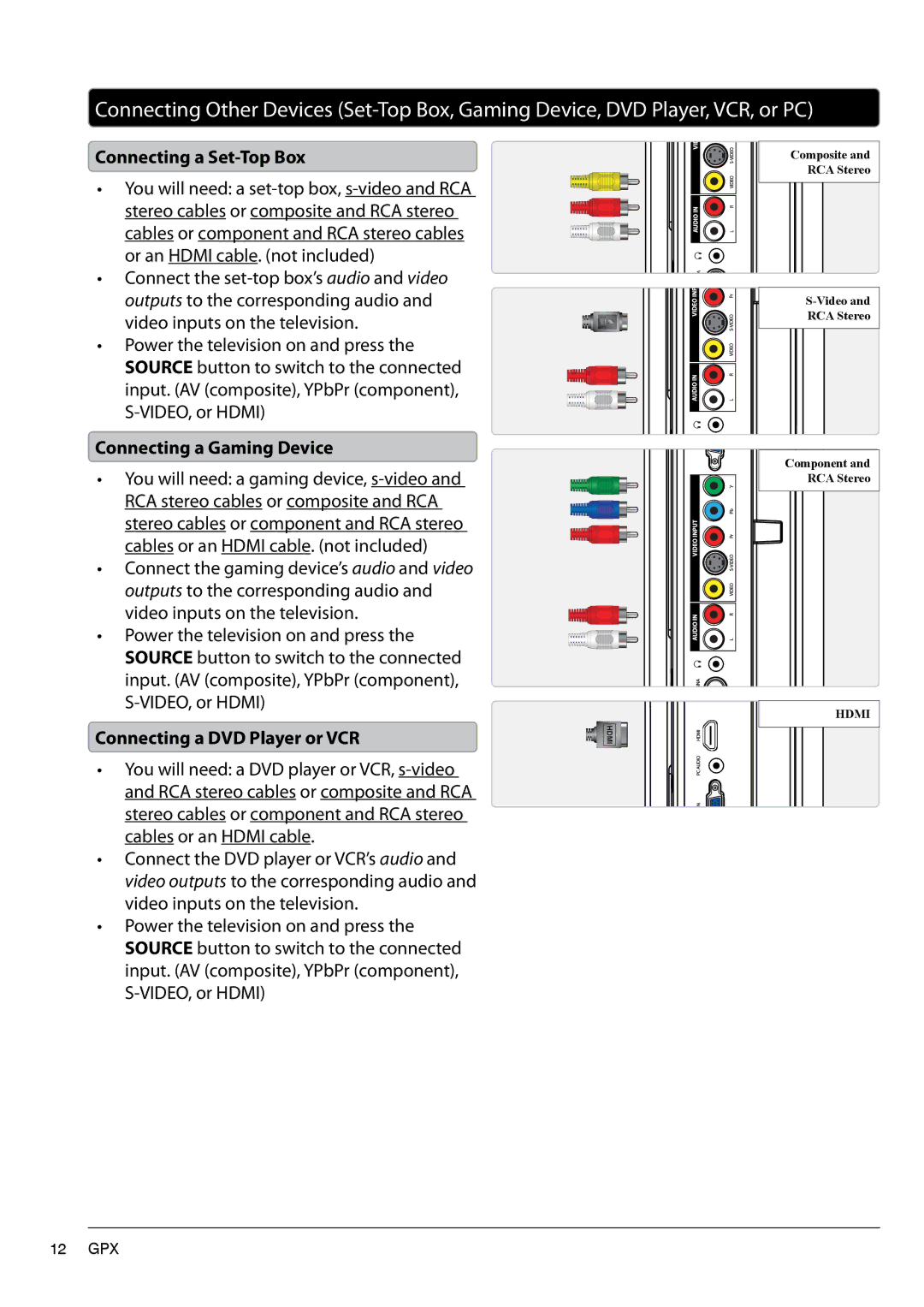 GPX TL1920 manual Connecting a Gaming Device, Connecting a DVD Player or VCR 