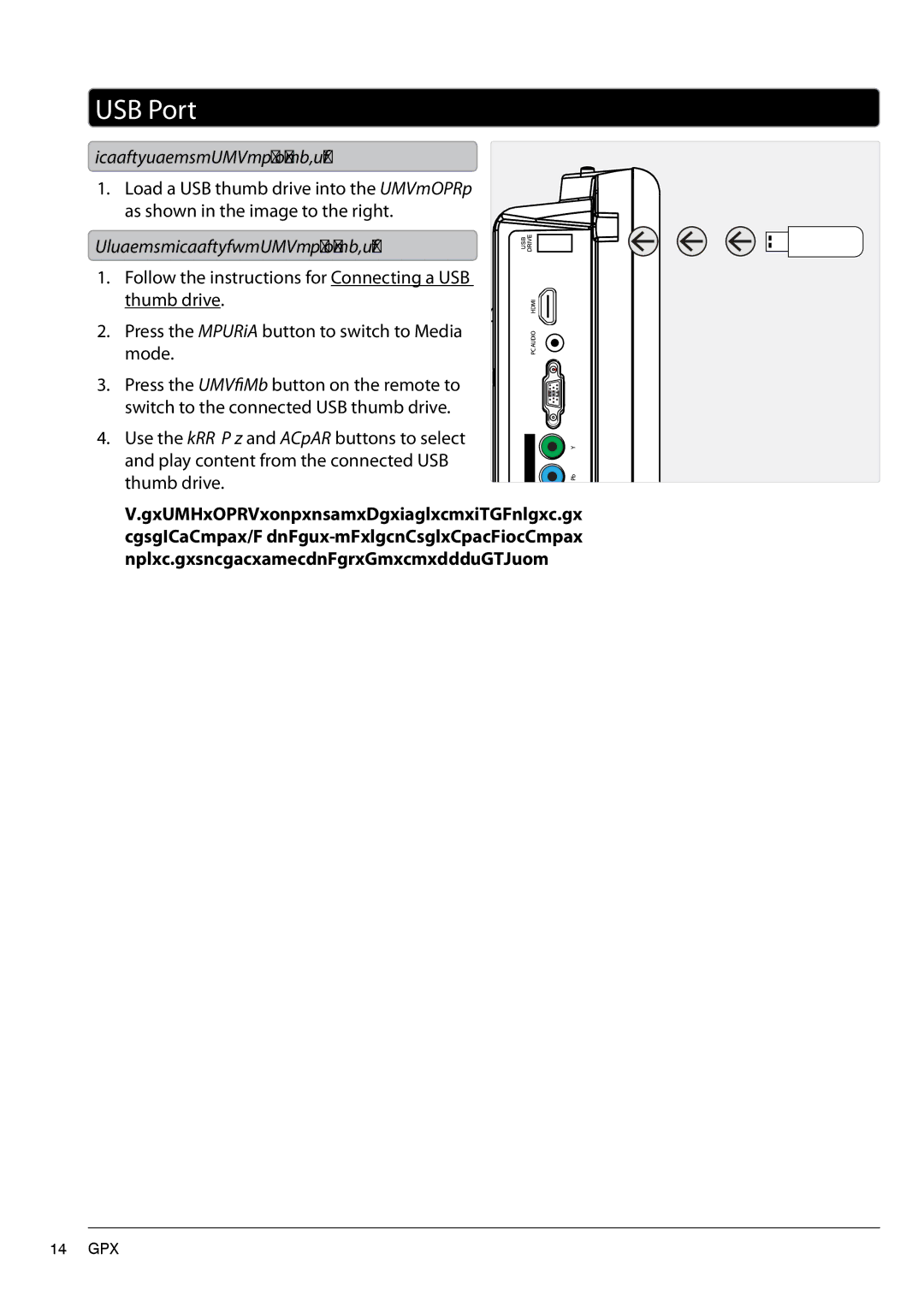 GPX TL1920 manual USB Port, Connecting a USB Thumb Drive, Using a Connected USB Thumb Drive 