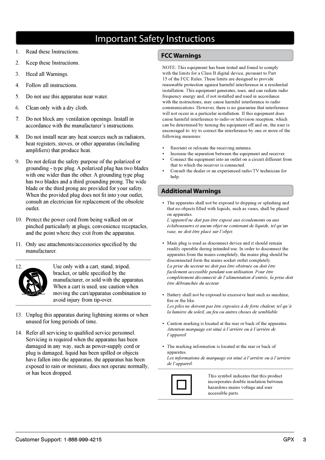 GPX TL1920 manual Important Safety Instructions, FCC Warnings, Additional Warnings 