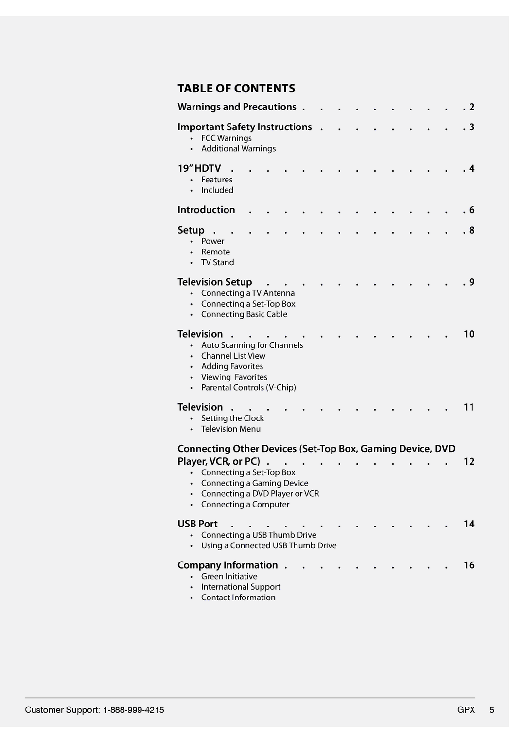 GPX TL1920 manual Table of Contents 