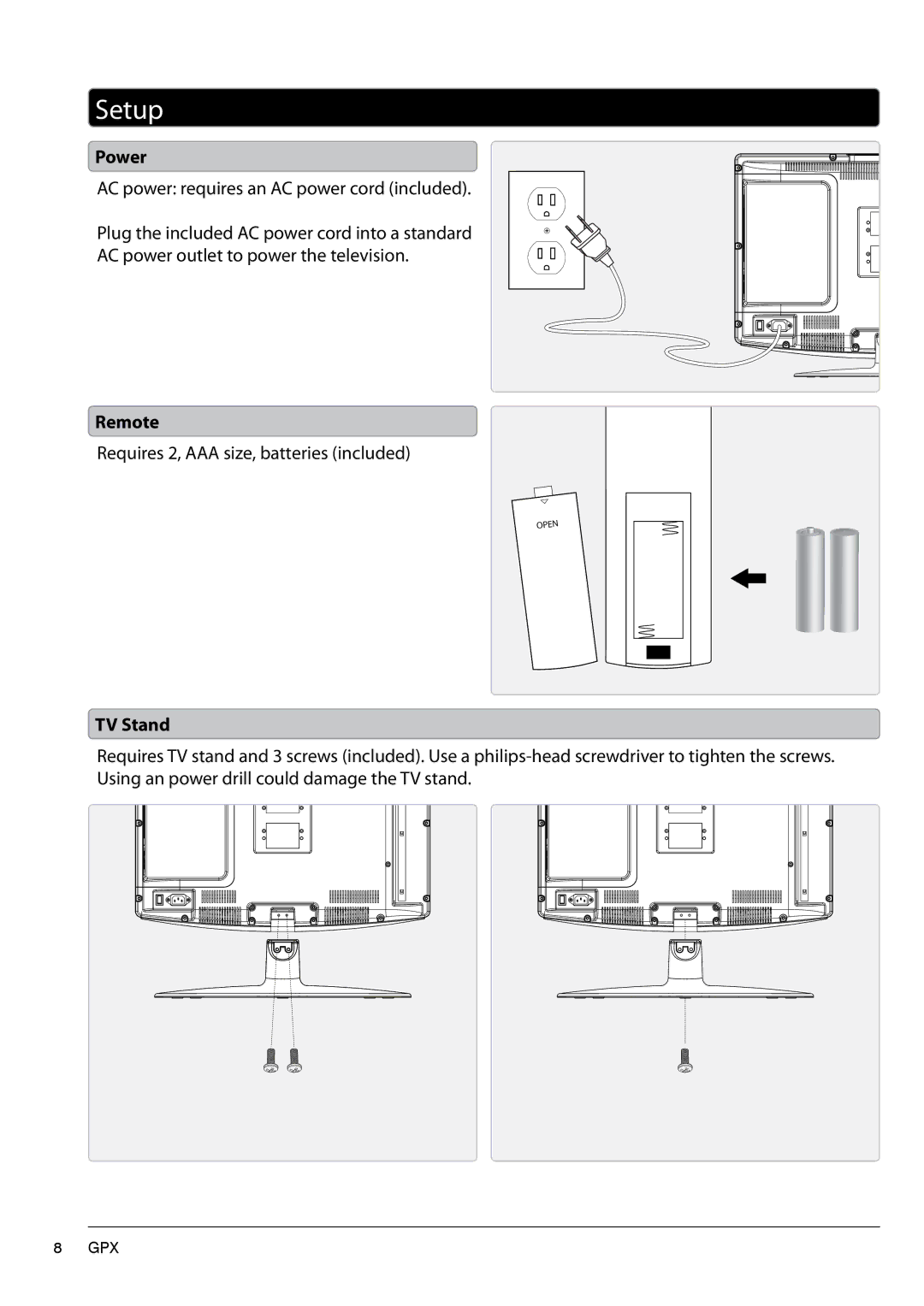 GPX TL1920 manual Setup, Power, Remote, TV Stand 