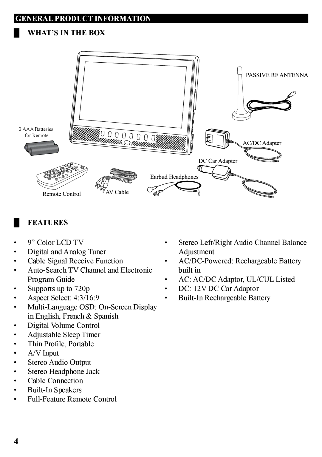 GPX TL909-IB manual General Product Information, What’s in the Box, Features 