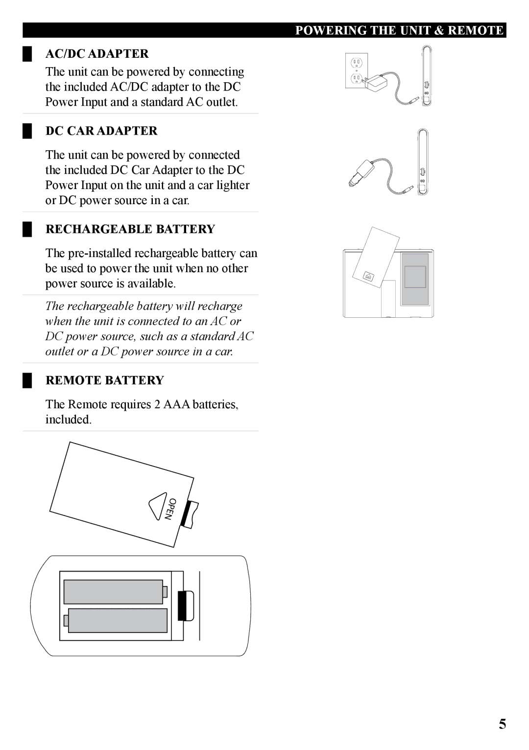 GPX TL909-IB manual Powering the Unit & Remote, AC/DC Adapter, DC Car Adapter, Rechargeable Battery, Remote Battery 