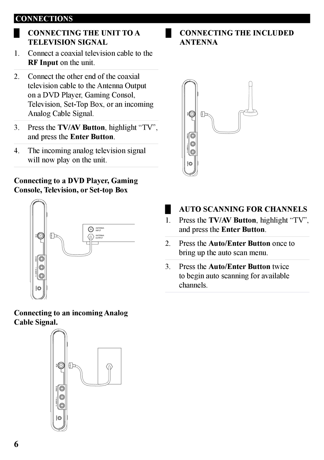 GPX TL909-IB manual Connections, Connecting the unit to a Television Signal 