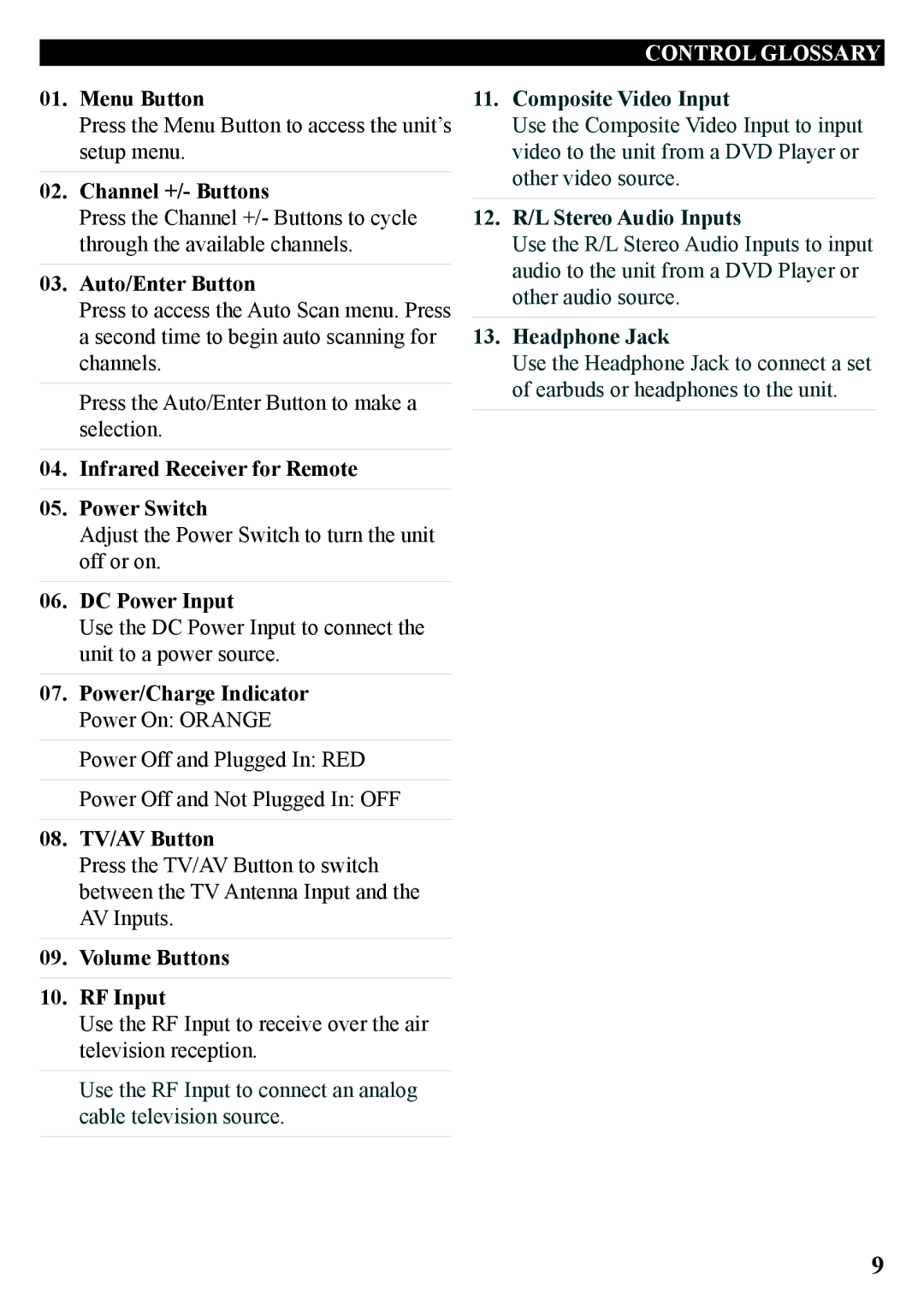 GPX TL909-IB manual Control Glossary 