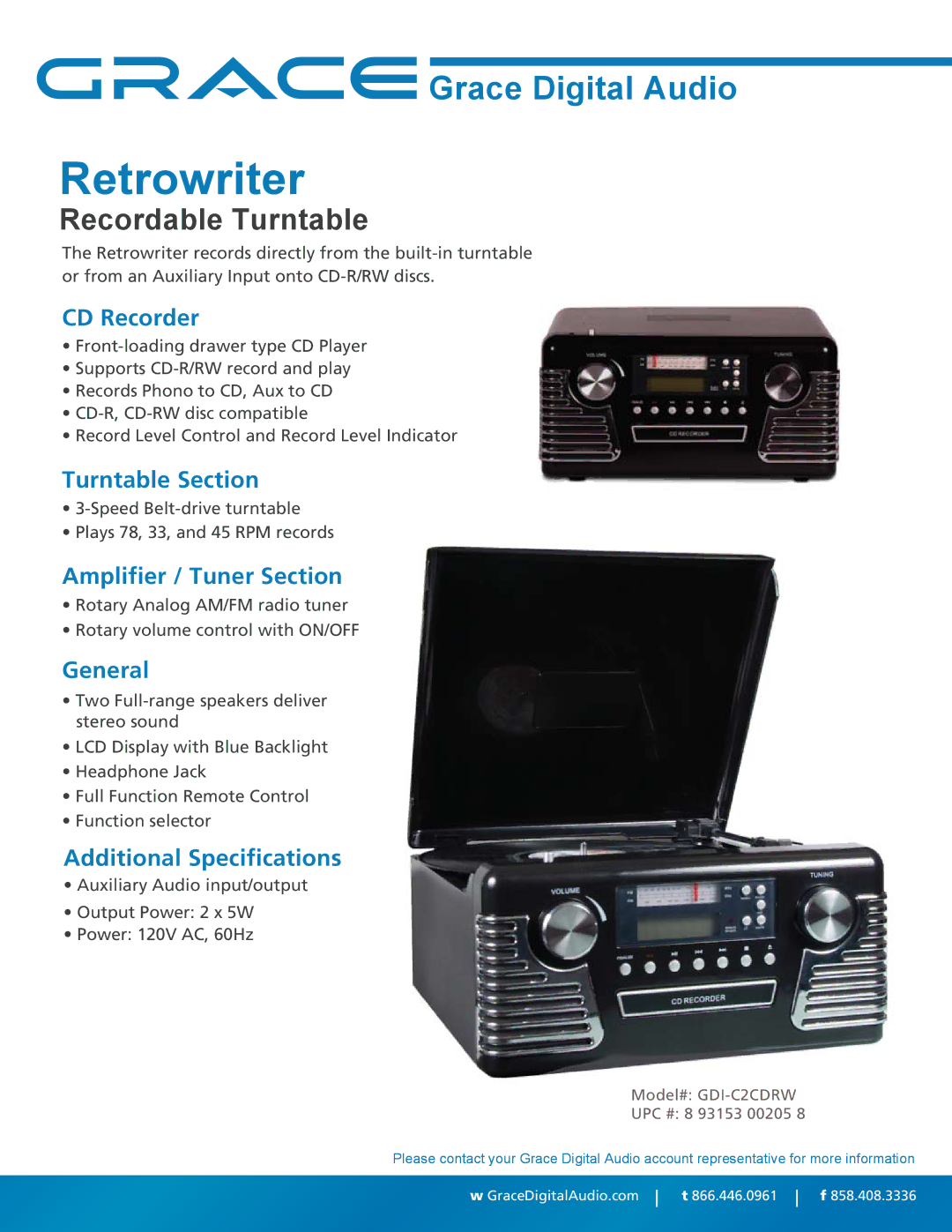 Grace GDI-C2CDRW specifications Retrowriter, Recordable Turntable 