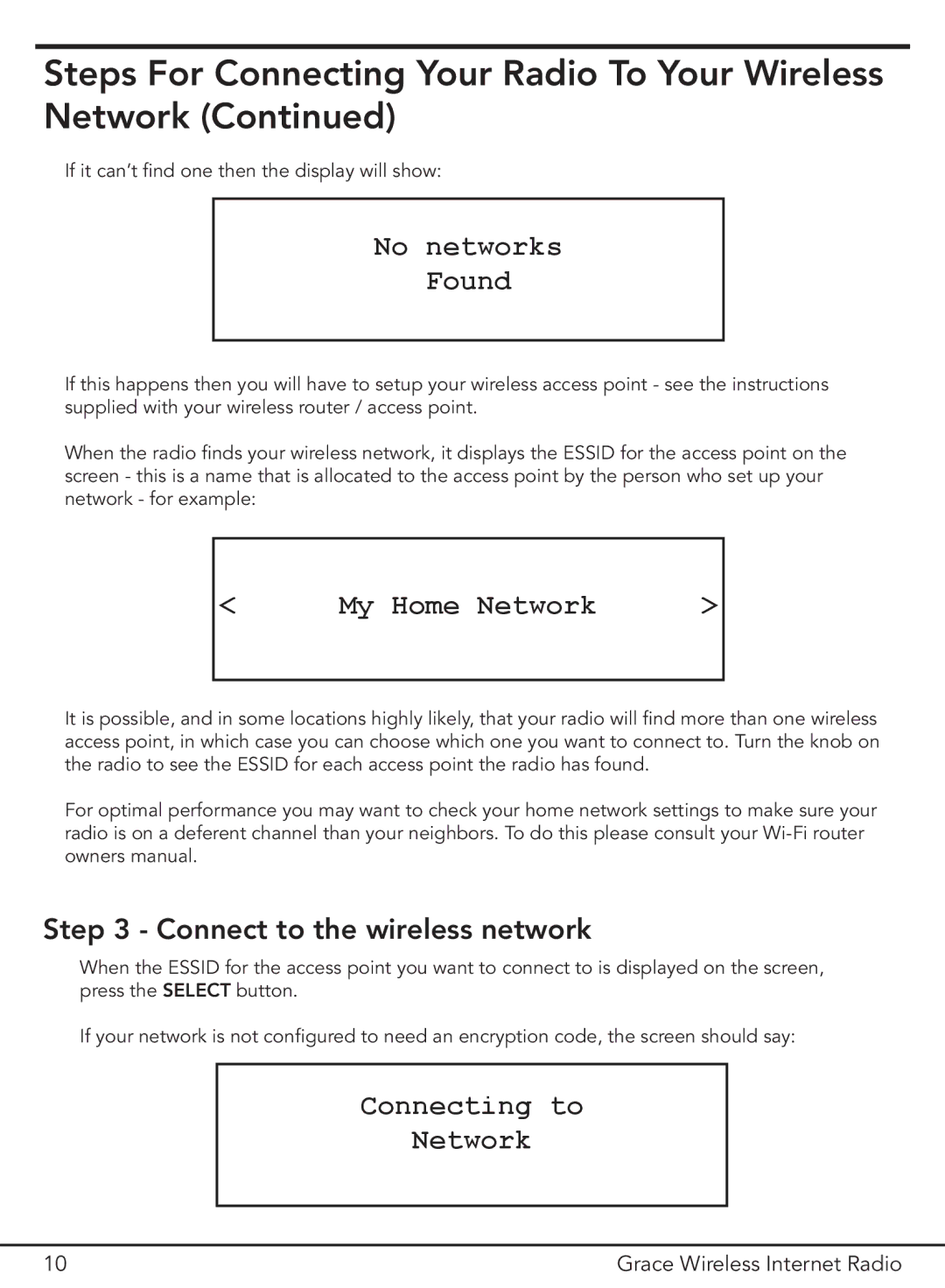 Grace GDI-IR2000 manual No networks Found, My Home Network, Connecting to Network 