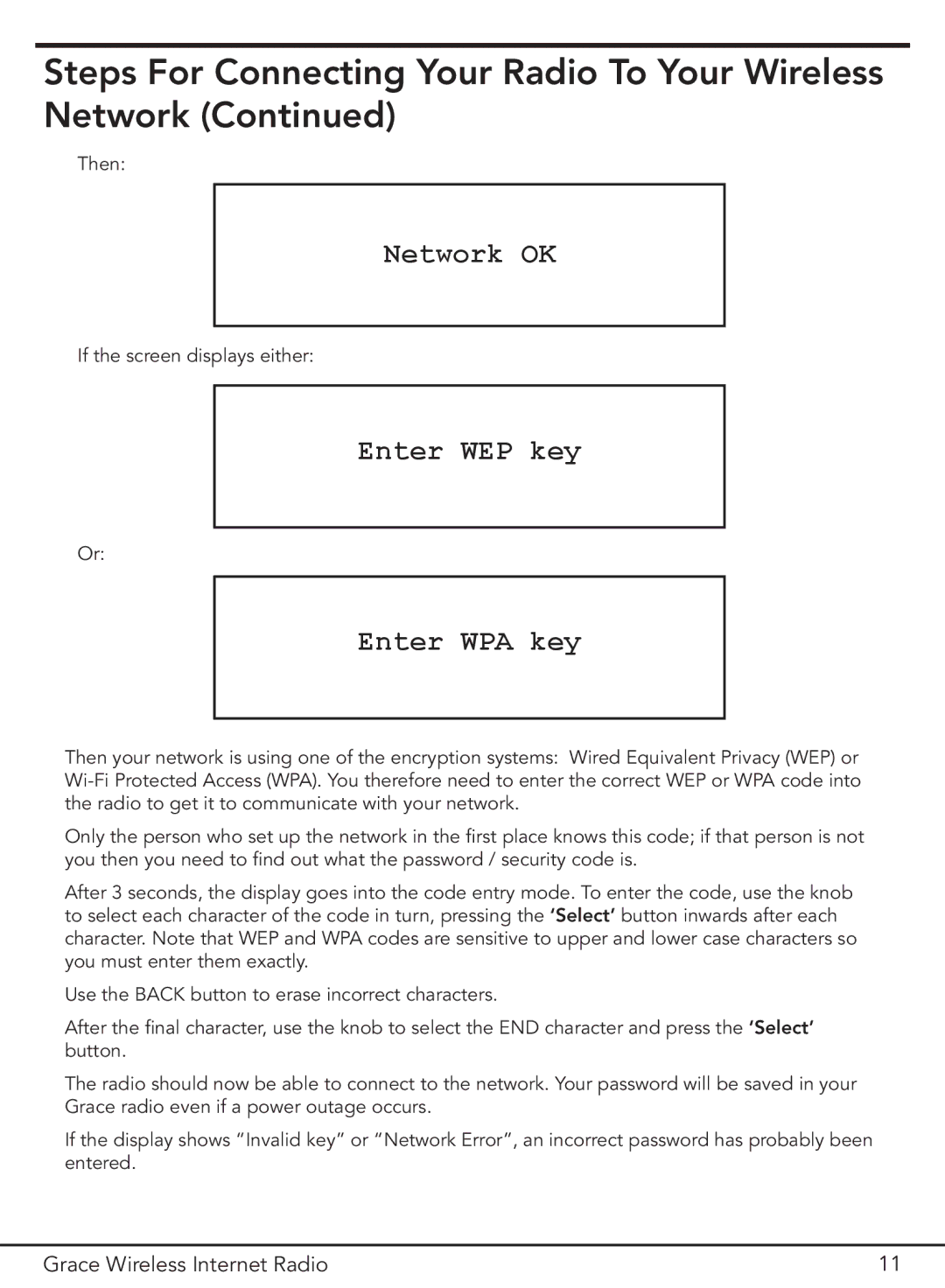 Grace GDI-IR2000 manual Network OK, Enter WEP key Enter WPA key 