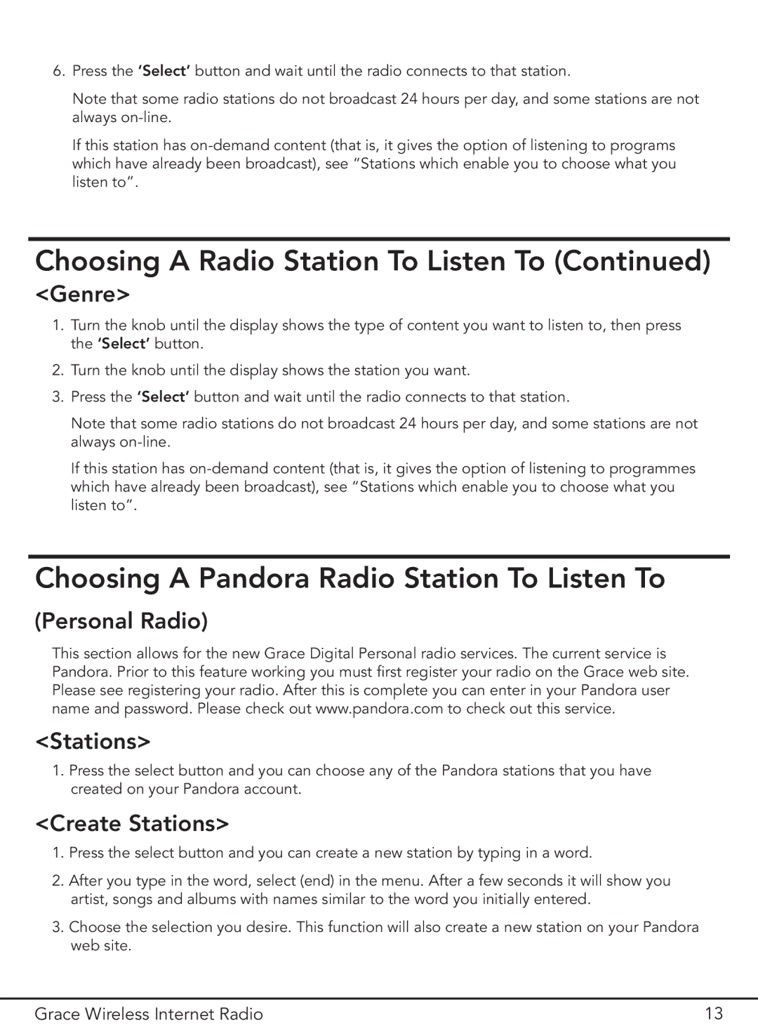 Grace GDI-IR2000 manual Choosing a Pandora Radio Station To Listen To, Genre 