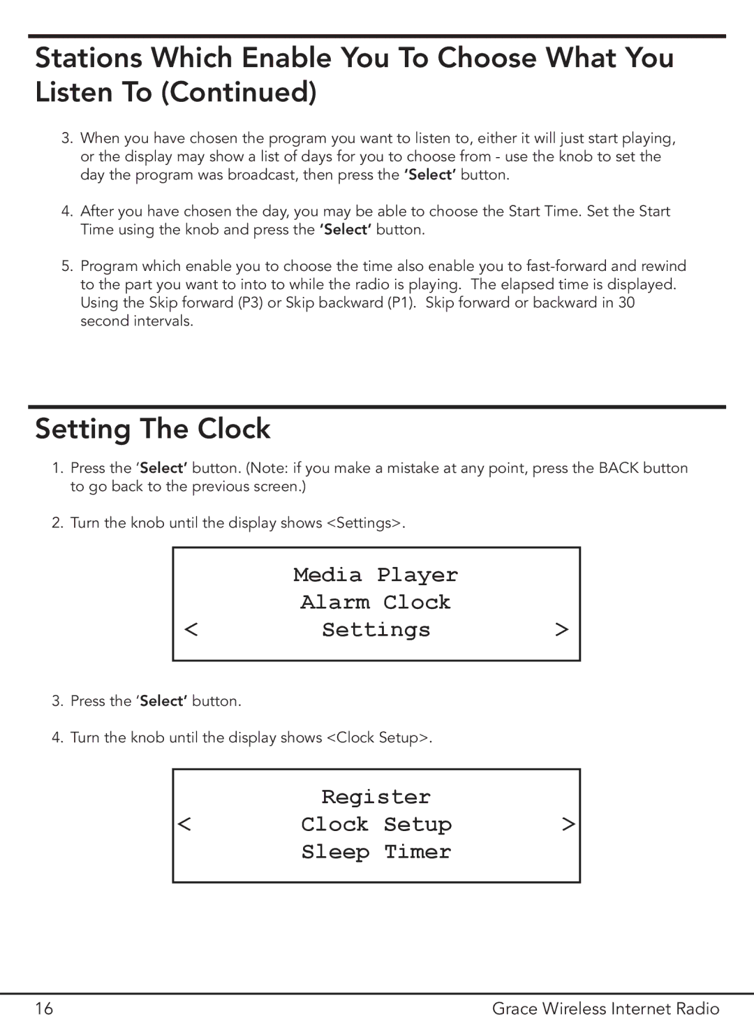 Grace GDI-IR2000 manual Setting The Clock, Media Player Alarm Clock Settings, Register Clock Setup Sleep Timer 