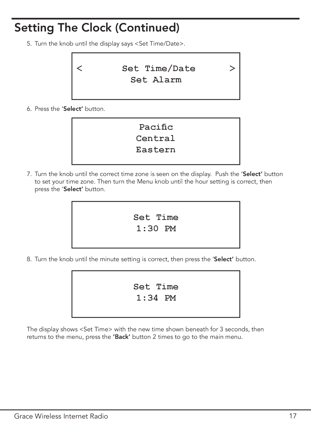 Grace GDI-IR2000 manual Set Time/Date, Set Time 130 PM, Set Time 134 PM 