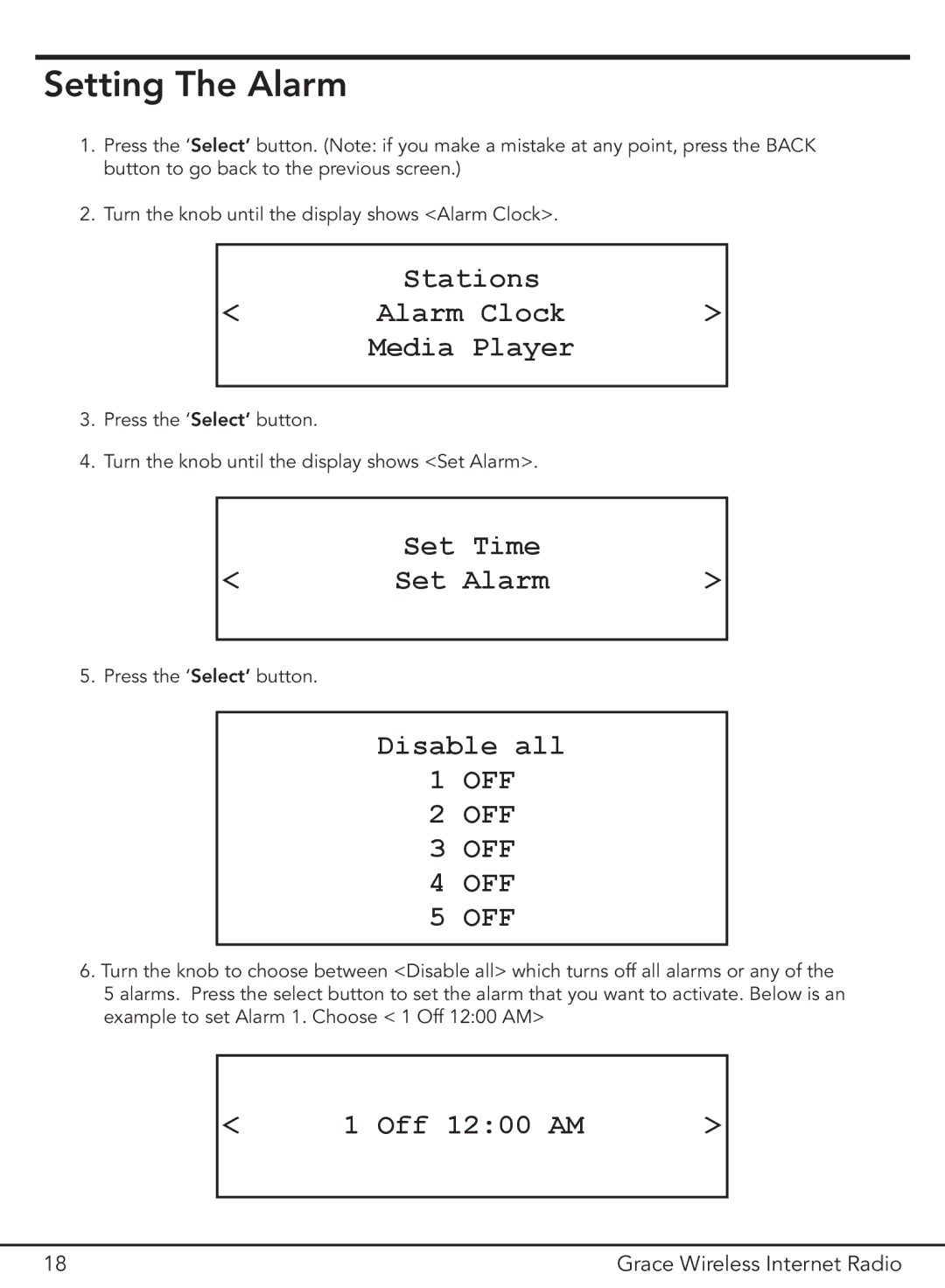 Grace GDI-IR2000 manual Setting The Alarm, Disable all, Off 1200 AM 