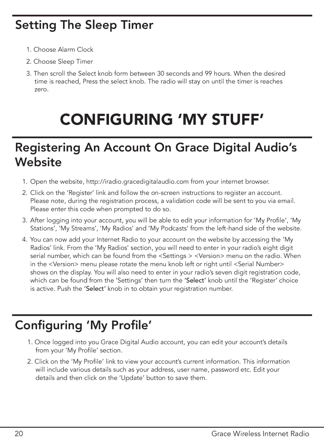 Grace GDI-IR2000 Configuring ‘MY STUFF’, Setting The Sleep Timer, Registering An Account On Grace Digital Audio’s Website 