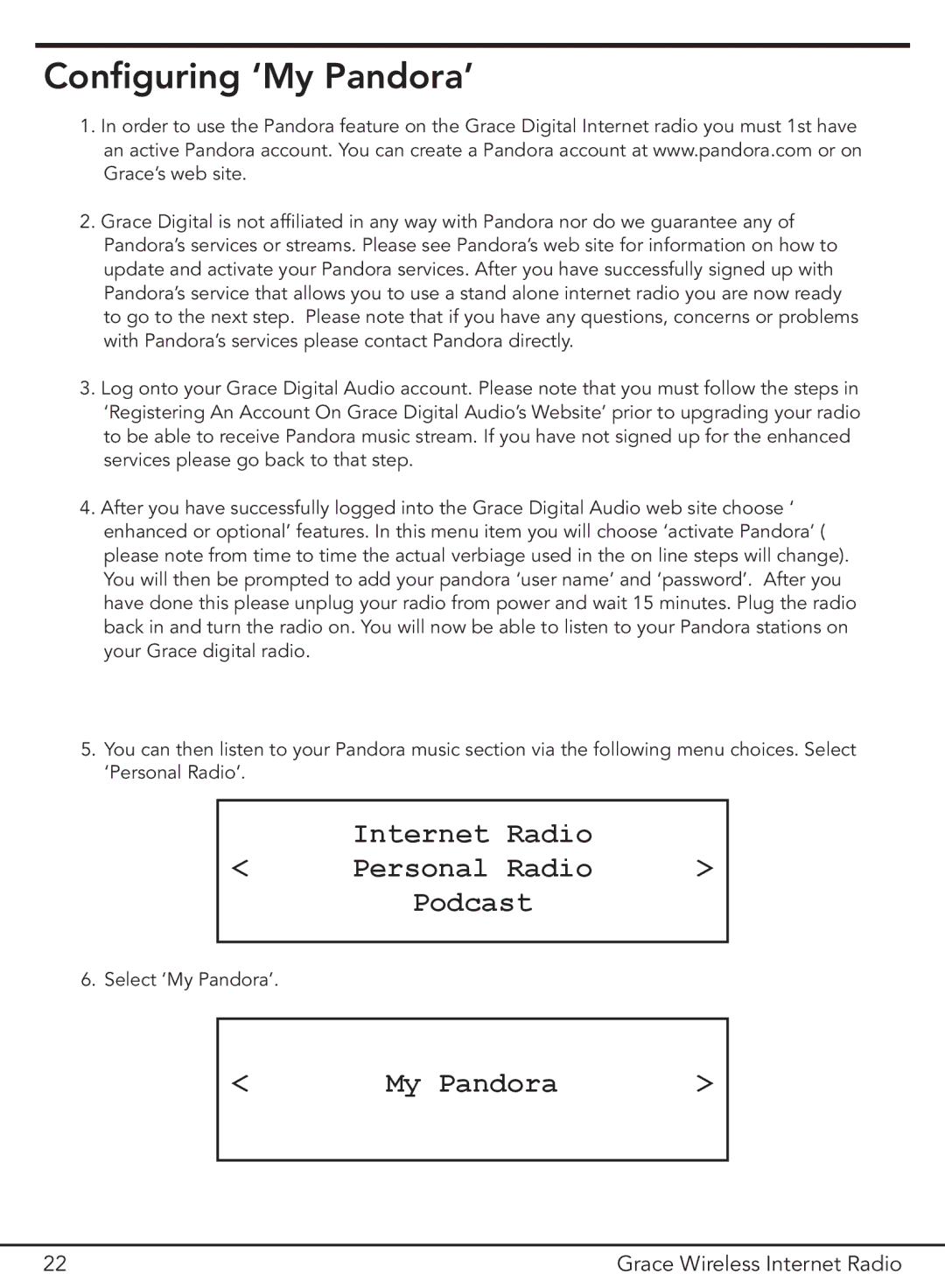 Grace GDI-IR2000 manual Configuring ‘My Pandora’, Internet Radio Personal Radio Podcast 