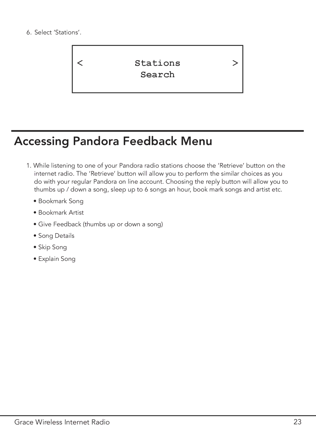 Grace GDI-IR2000 manual Accessing Pandora Feedback Menu, Stations Search 