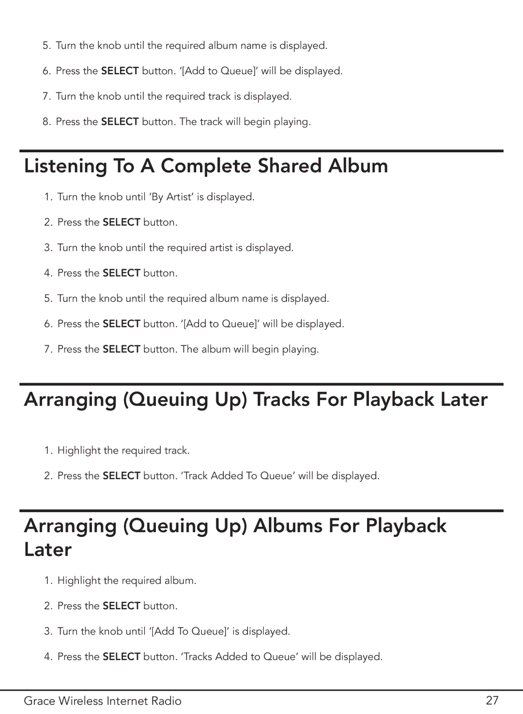 Grace GDI-IR2000 manual Listening To a Complete Shared Album, Arranging Queuing Up Tracks For Playback Later 