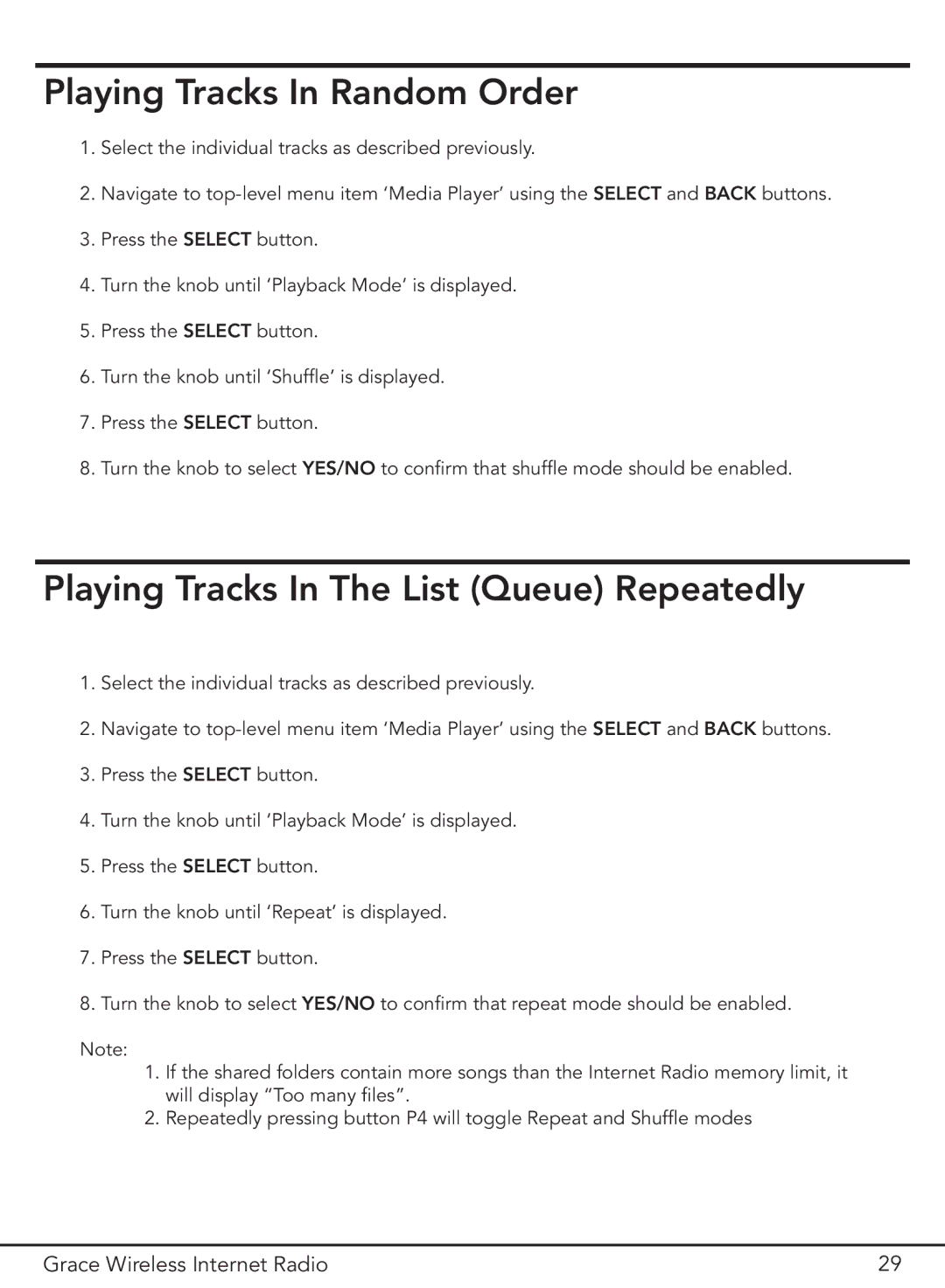 Grace GDI-IR2000 manual Playing Tracks In Random Order, Playing Tracks In The List Queue Repeatedly 