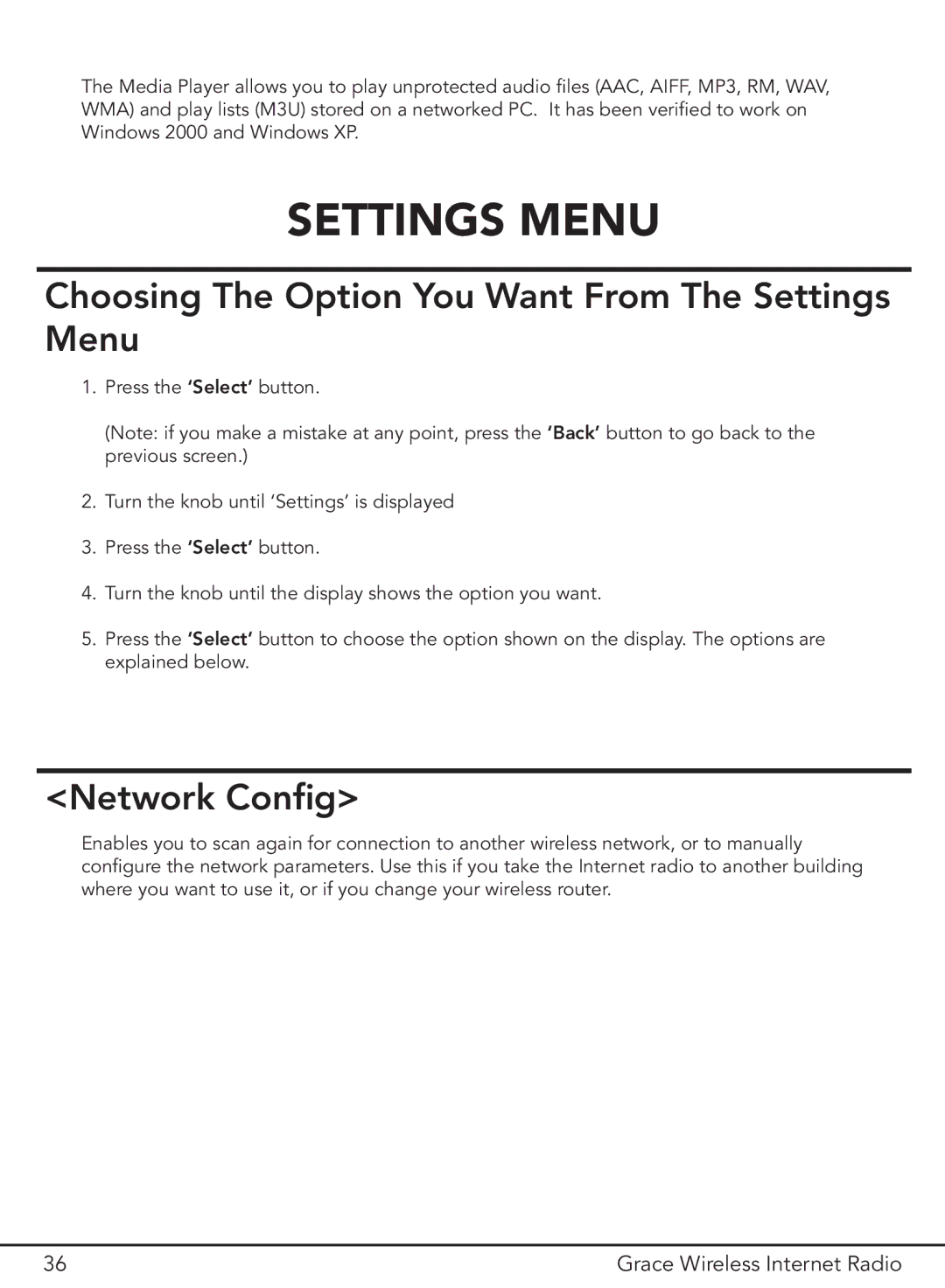 Grace GDI-IR2000 manual Choosing The Option You Want From The Settings Menu, Network Config 