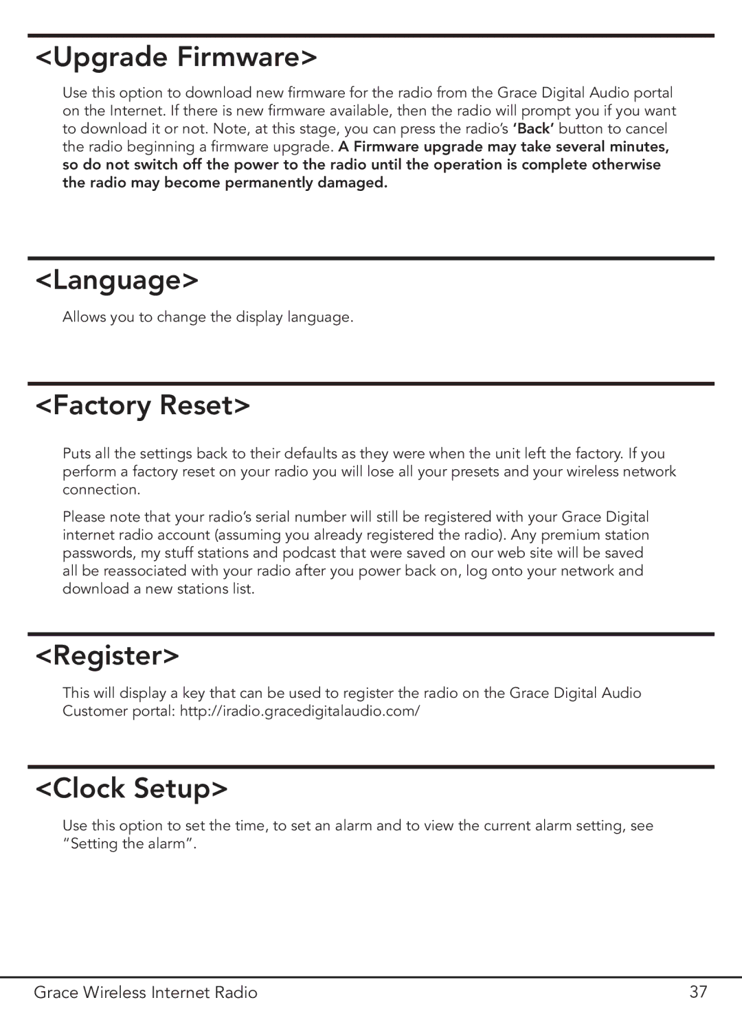 Grace GDI-IR2000 manual Upgrade Firmware, Language, Factory Reset, Register, Clock Setup 