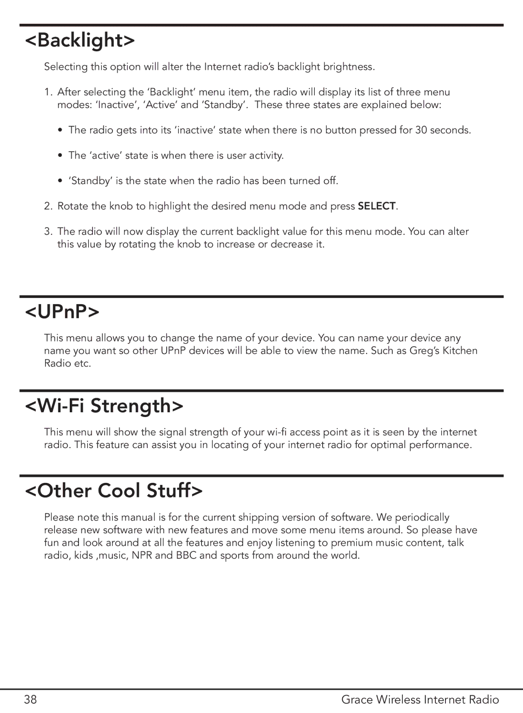 Grace GDI-IR2000 manual Backlight, UPnP, Wi-Fi Strength, Other Cool Stuff 