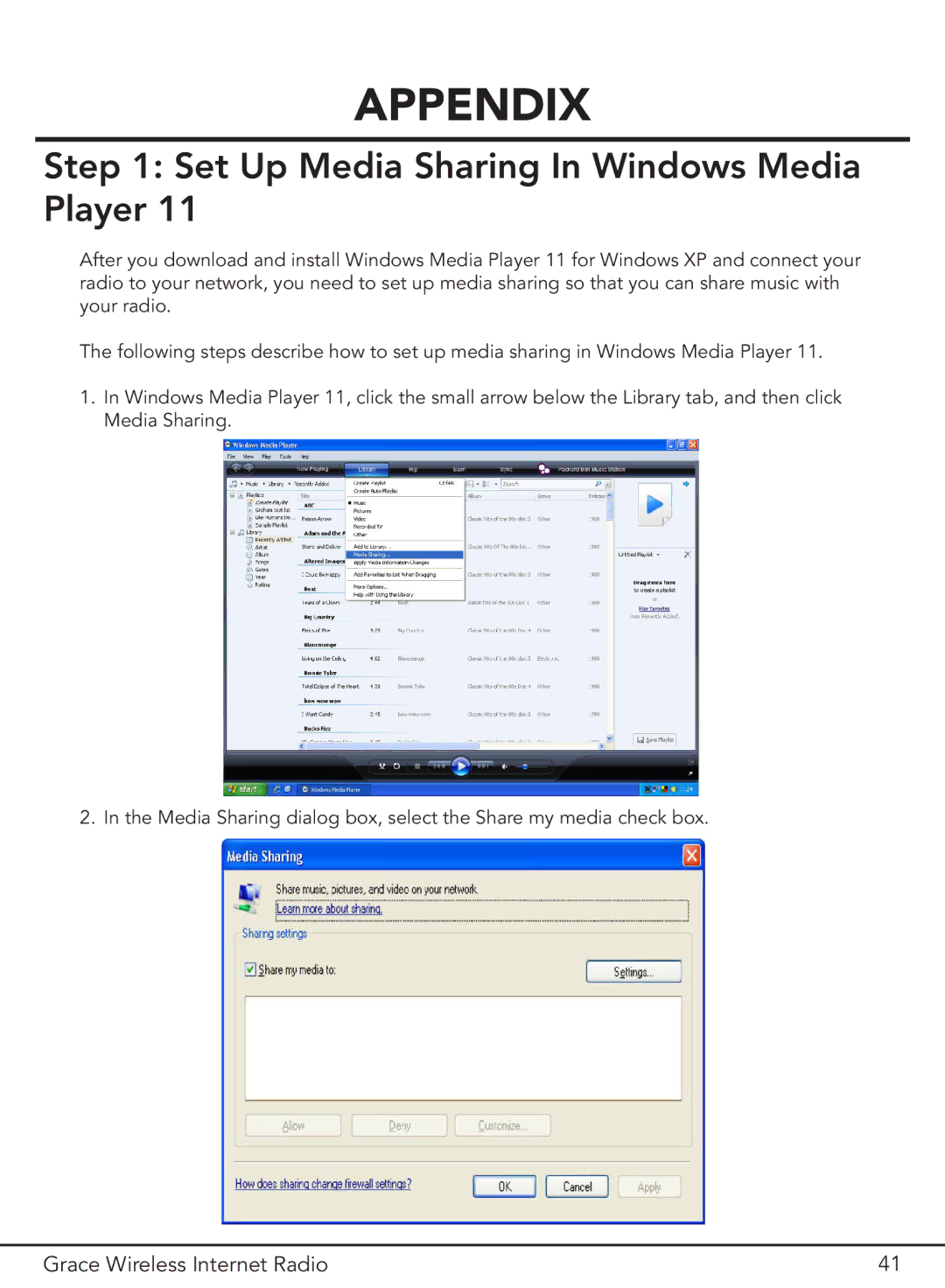Grace GDI-IR2000 manual Appendix, Set Up Media Sharing In Windows Media Player 