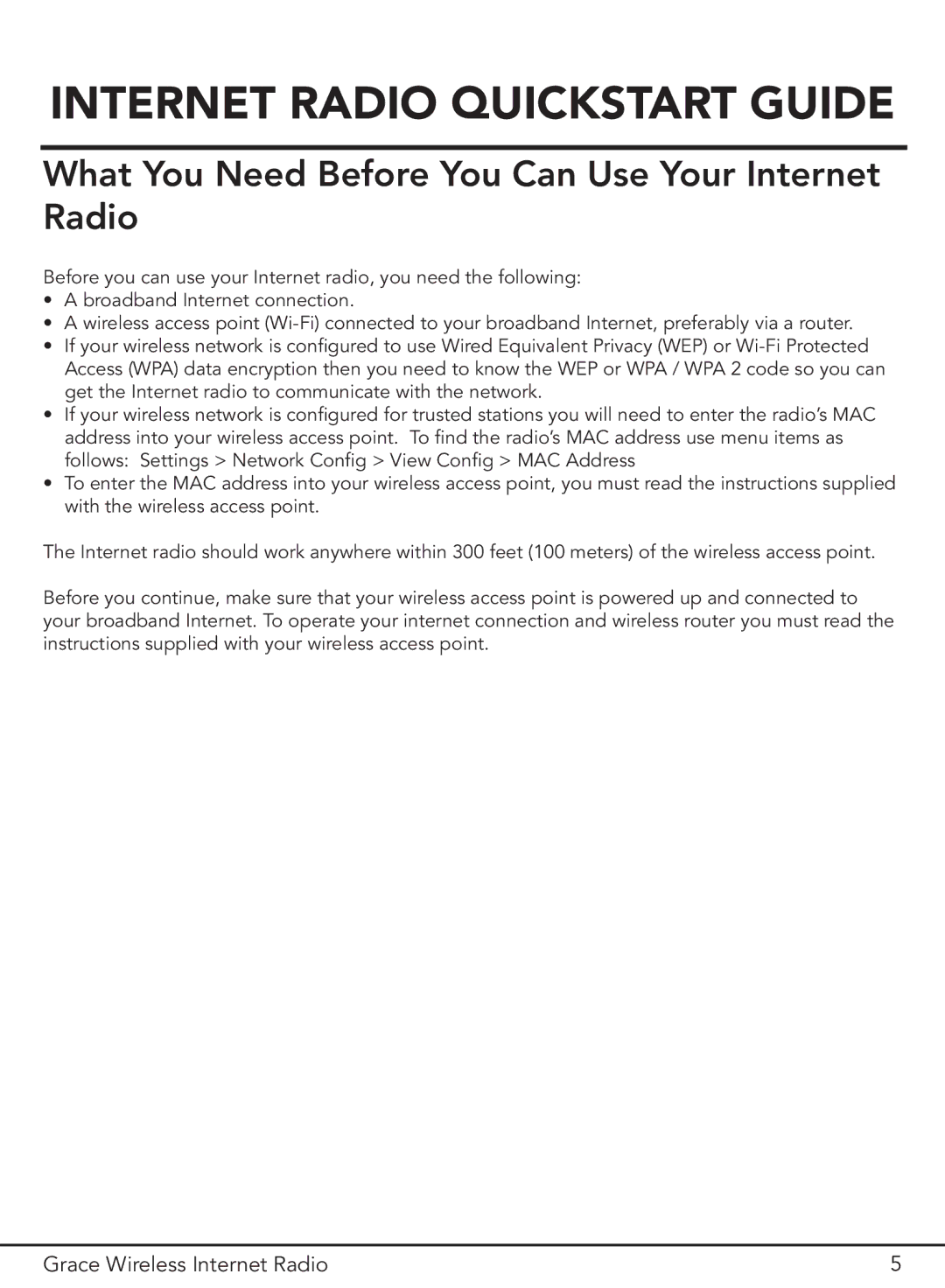 Grace GDI-IR2000 manual Internet Radio Quickstart Guide, What You Need Before You Can Use Your Internet Radio 