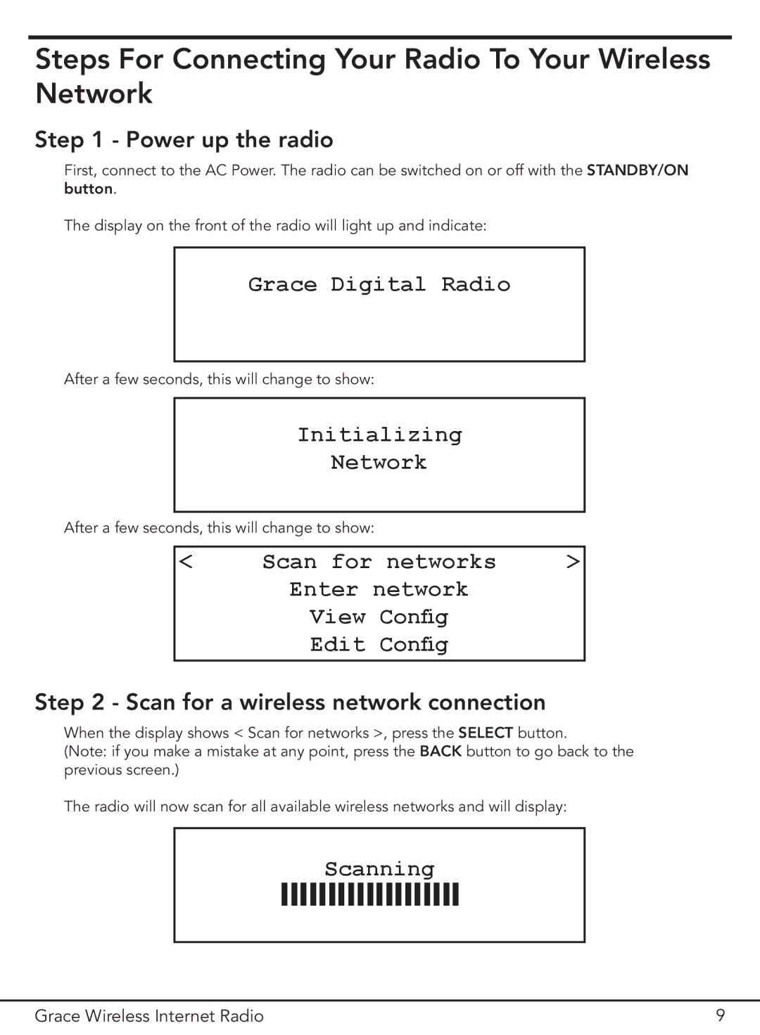 Grace GDI-IR2000 Steps For Connecting Your Radio To Your Wireless Network, Grace Digital Radio, Initializing, Scanning 