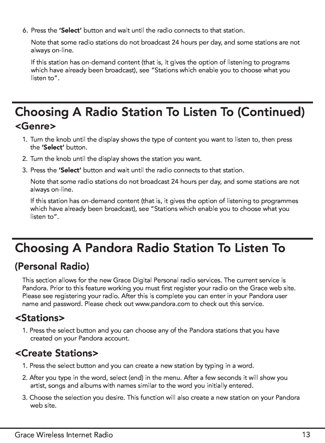Grace GDI-IR2000 Choosing A Radio Station To Listen To Continued, Choosing A Pandora Radio Station To Listen To, Genre 