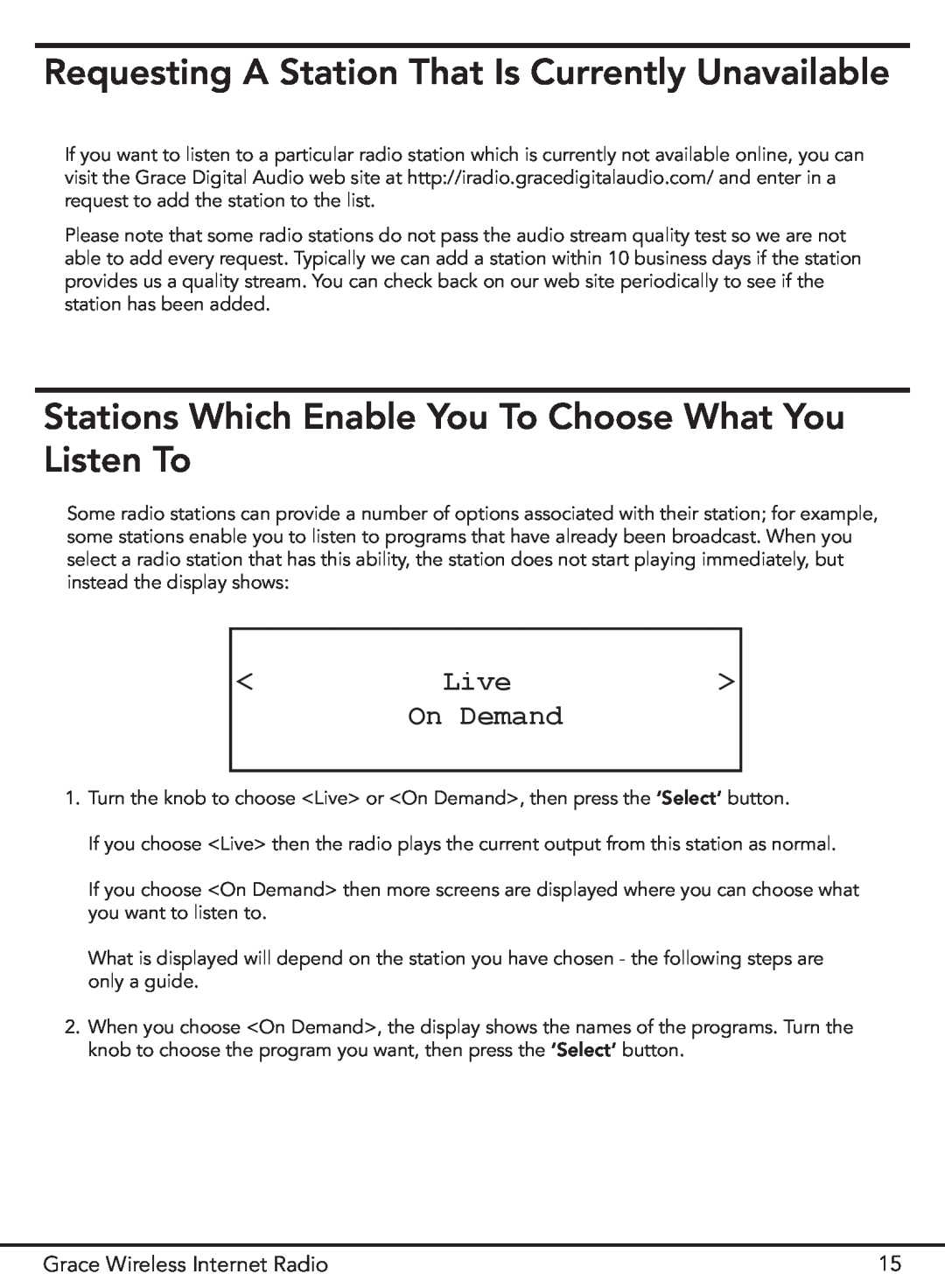 Grace GDI-IR2000 manual Requesting A Station That Is Currently Unavailable, Live, On Demand, Grace Wireless Internet Radio 