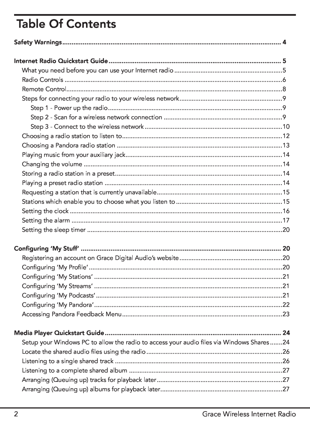 Grace GDI-IR2000 manual Table Of Contents 