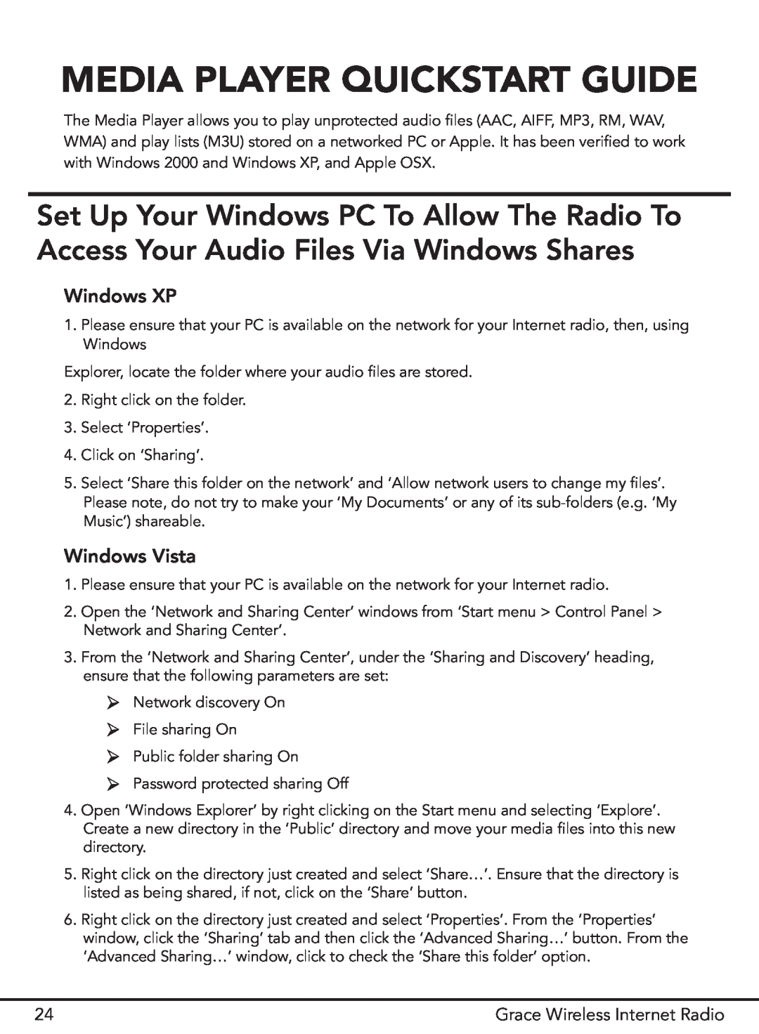 Grace GDI-IR2000 manual Media Player Quickstart Guide, Windows XP, Windows Vista 