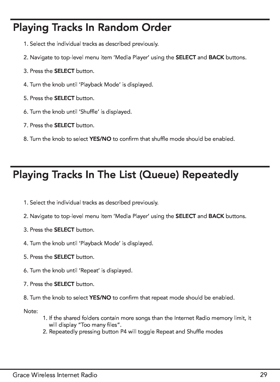 Grace GDI-IR2000 manual Playing Tracks In Random Order, Playing Tracks In The List Queue Repeatedly 