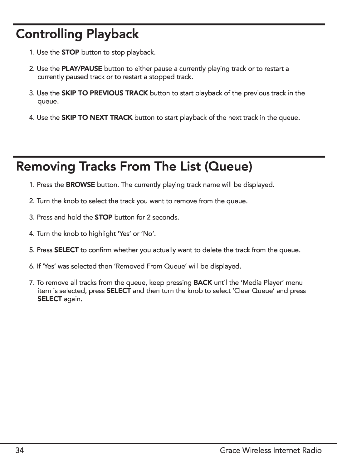 Grace GDI-IR2000 manual Controlling Playback, Removing Tracks From The List Queue 