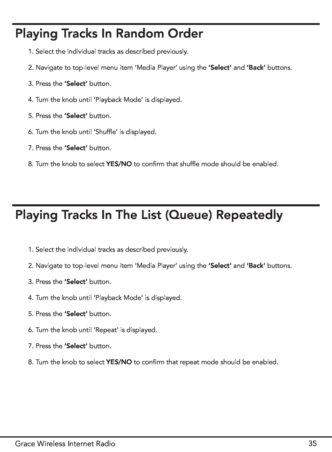 Grace GDI-IR2000 manual Playing Tracks In Random Order, Playing Tracks In The List Queue Repeatedly 
